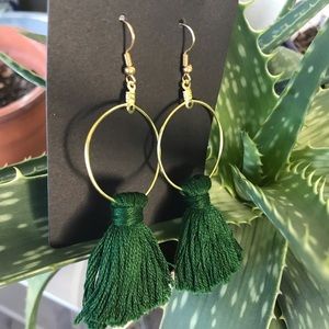 Evergreen and gold tassel earrings